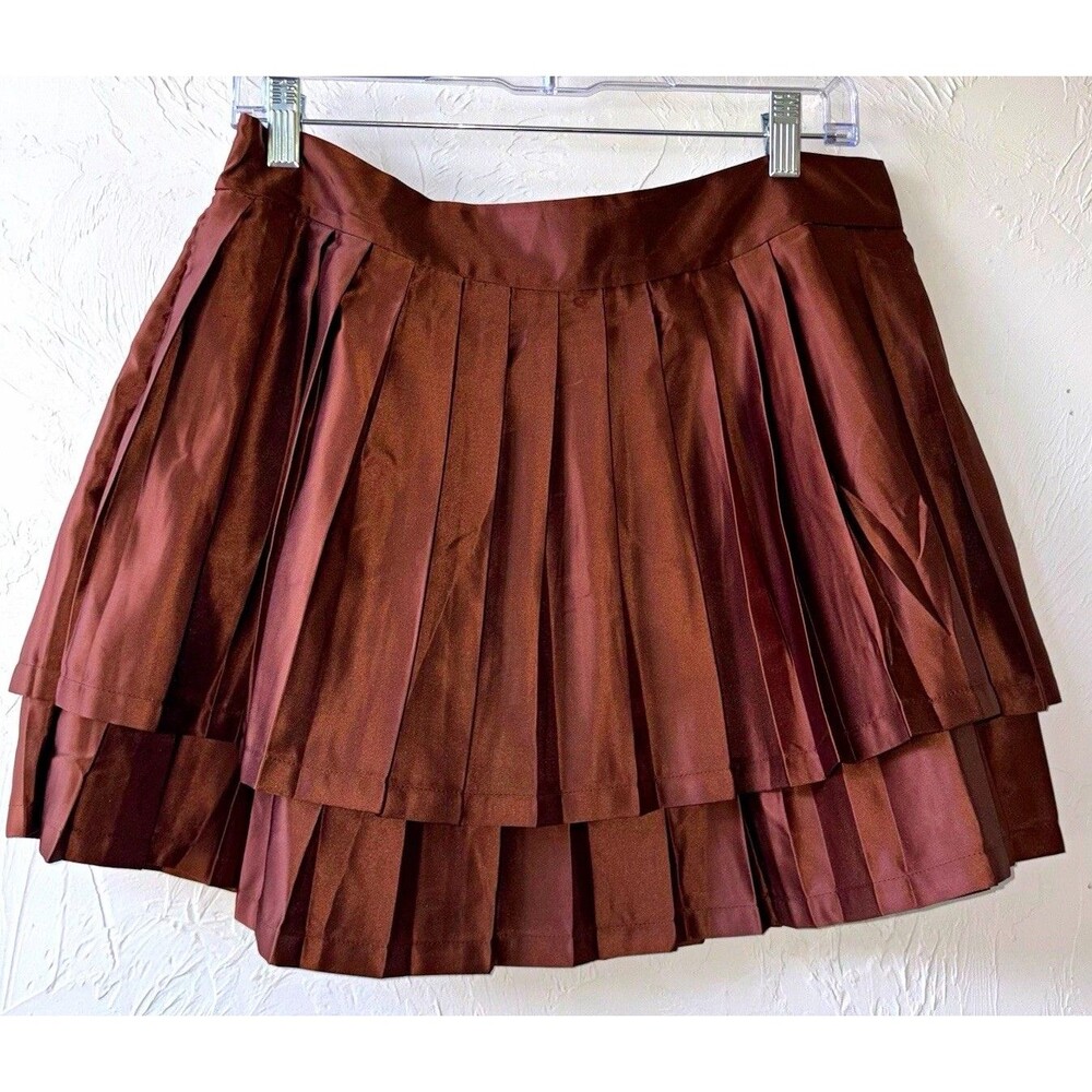 Disney Women's Brown Solid Satin Pleated Layered Mini Skirt Zip Regular L